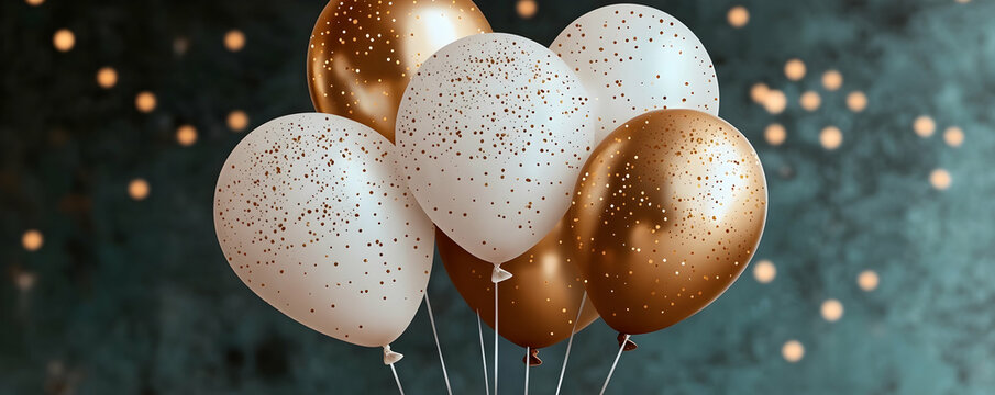 Gold and white balloons on a dark background with bokeh.