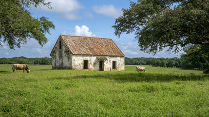 Obraz premium Abandoned Rustic Barn Surrounded by Lush Green Pasture and Cattle Under a Blue Sky with Fluffy White Clouds in a Peaceful Rural Landscape