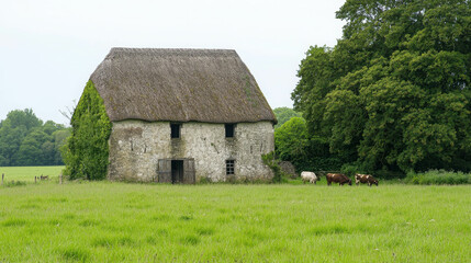 Obraz premium Tranquil Rural Scene with Traditional Thatched Barn Surrounded by Lush Green Pasture and Grazing Cows Under Overcast Sky