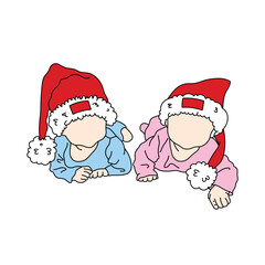 Cute twin baby boy and girl with santa hats, cute christmas baby clip art