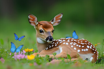 Adorable baby deer resting in a meadow with butterflies