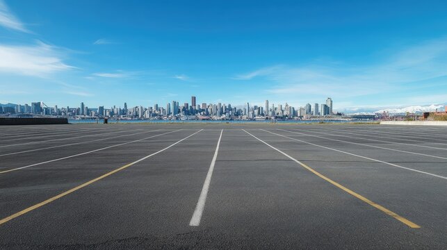 Urban parking lot with clear lines and a distant view of a bustling city skyline under a bright blue sky.
