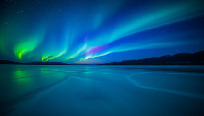 Naklejka premium Stunning winter landscape: the night sky with the northern lights reflected in the water of a mountain lake. Night winter landscape with aurora. Borealis.