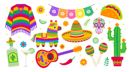 Cinco de mayo set. A colorful collection of Mexican items including a sombrero, a guitar, a cactus, and a margarita glass