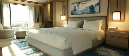 Cozy queen sized bed with plush linens in a modern bedroom ideal for relaxation and comfort
