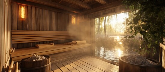 Cozy interior of a wooden sauna with steam rising ideal for relaxation and wellness