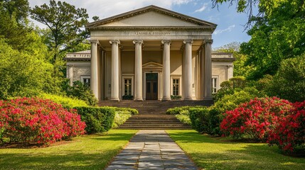 Fototapeta premium Greek Revival Government Building Surrounded by Gardens