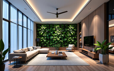 Sustainable Living Room Design With Solar Powered Features And Air Purifying Plant Wall 2025