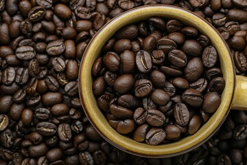 Naklejka premium Top view of Modern Cup Filled a Coffee Beans on a Roasted Coffee Beans Full Frame Background. Stylish Mug. Closeup. Coffee Shop. Concept for coffee product advertising.