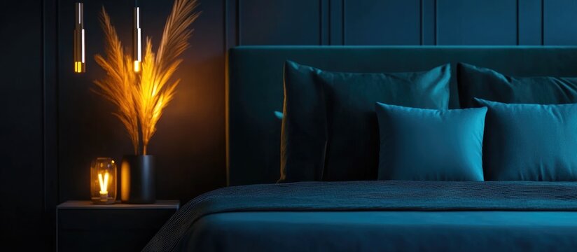 Cozy modern bedroom featuring elegant decor and soothing color palette ideal for relaxation and comfort