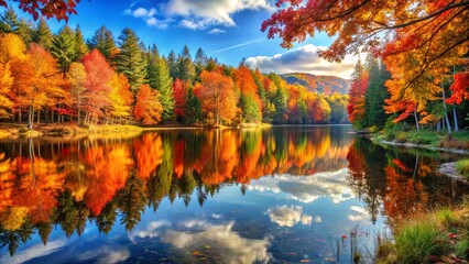 Autumnal Reflections A Serene Lake Surrounded by Vivid Foliage, Mirroring the Colors of the Sky and the Trees in the Still Water