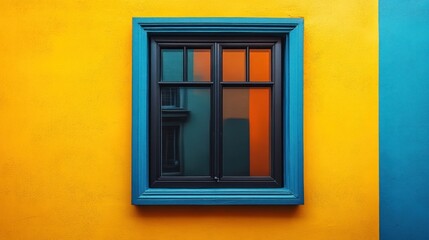 Colorful window framed by vibrant yellow and blue walls.