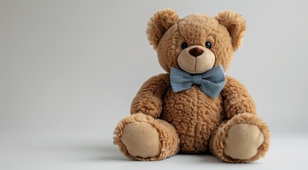 Obraz premium Cute teddy bear with blue bow tie on light gray background.