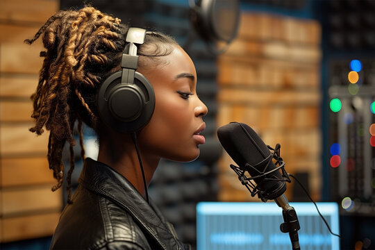 African black Young woman dubbing voiceover for broadcast stream live show or song recording