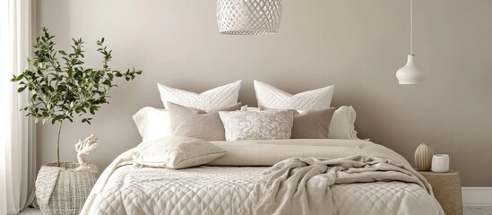 Contemporary bedroom featuring light colored walls and a sleek hanging white lamp accented with a cozy bed adorned in soft pillows and blankets elegant decor
