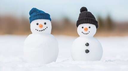 Obraz premium Joyful Snowmen Embrace Christmas Spirit in Winter Wonderland Captured in Nature's Embrace with Playful Cheer