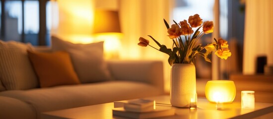 Cozy living room in a modern apartment with stylish furnishings and warm lighting ideal for relaxation and entertaining