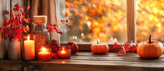 Cozy arrangement of burning candles on a wooden table enhancing autumn ambiance in a comfortable home decor setting