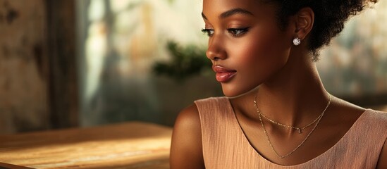 Close up of a woman interacting with a digital tablet on a wooden table showcasing modern technology in everyday life