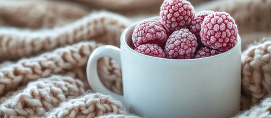Cozy breakfast scene featuring frozen raspberries in a white mug on a knitted plaid perfect for a romantic morning ambiance