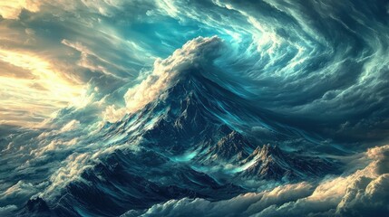 Dramatic Mountain Peak Surrounded by Swirling Clouds