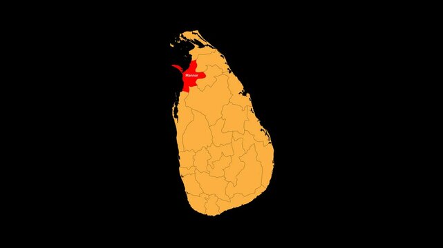 Mannar map animated video. The location is highlighted on the Srilanka map. Colour map with transparent background in video format.