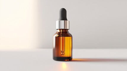Elegant amber glass dropper bottle with silver cap and black dropper tip, filled with essential oil, set against a soft neutral backdrop, minimalistic style