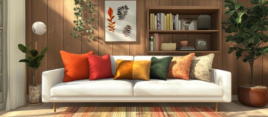 Cozy living room featuring a sleek white couch adorned with colorful decorative pillows a stylish bookcase and a vibrant indoor plant