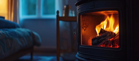 Cozy close up of a wood burning stove with dancing flames creating a warm atmosphere in a bedroom for cold weather comfort