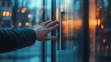 Young man's hand about to knock on a sleek, modern glass door with metal trim, reflecting outdoor light.