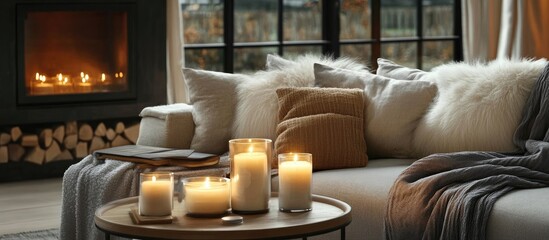 Cozy living room featuring stylish candle holders plush sofa and a functional workspace ideal for relaxation and productivity