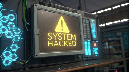 A digital interface displays a warning of a system hack highlighting cybersecurity risks.