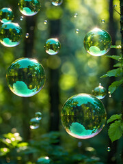 Soap bubbles in the forest with green grass and bokeh