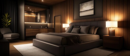 Fototapeta premium Contemporary condominium interior showcasing stylish furniture in bedroom bathroom kitchen and living room areas