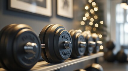 Dumbbells lined up in a fitness space.