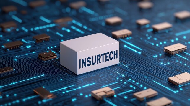 A modern representation of Insurtech, featuring a cube labeled 'INSURTECH' on a circuit board, symbolizing the intersection of insurance and technology.
