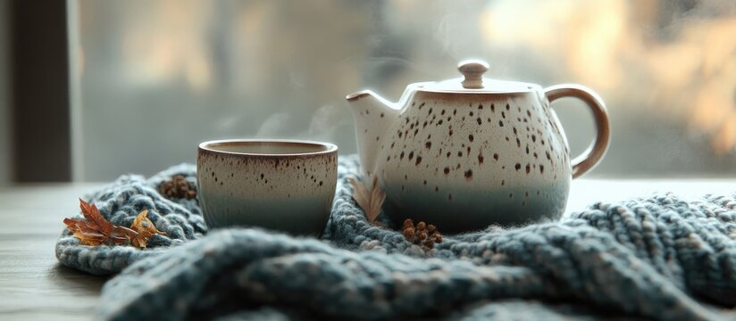 Cozy arrangement of a ceramic cup and teapot alongside a knitted accessory perfect for enhancing a warm atmosphere