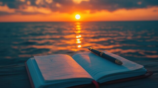 Open book and pen at sunset by the ocean.