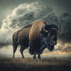 Majestic Bison Bracing Against Gathering Storm in Boundless Prairie Landscape