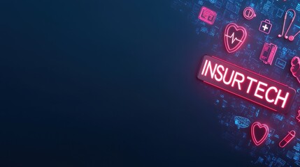 The image features a digital background with various health and technology icons surrounding the prominent word "INSURTECH" in glowing red.