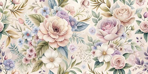 A Delicate Watercolor Floral Pattern Featuring Roses, Daisies, and Other Blooms in Soft Pastel Tones