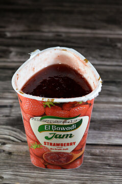 Cairo, Egypt, November 5 2024: El Bawadi Strawberry jam preserves, preparations of fruits whose main preserving agent is sugar, used as a condiment or spread, strawberry varenye (murabba)