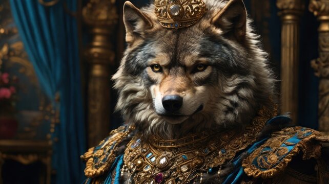 A wolf wearing a gold crown and ornate blue and gold robes sits on a throne.