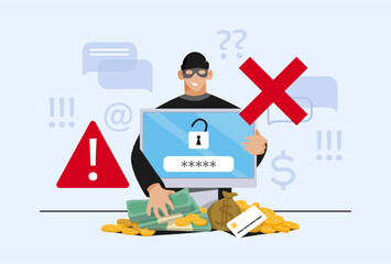 Phishing and online scam, cybercrime and personal data security on the internet concept. Fraudster on the computer screen steals money and personal data. Flat vector illustration.