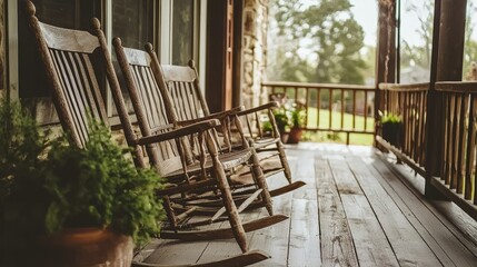 Cozy Wooden Rocking Chairs on a Front Porch