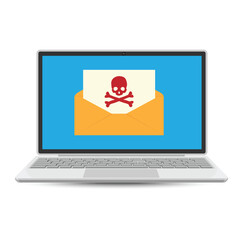 Spam email warning message, notification alert on laptop screen