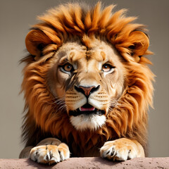 Portrait of a lion on a gray background. 