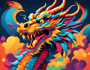 colorful Chinese Dragon with cool isolated pop art style background