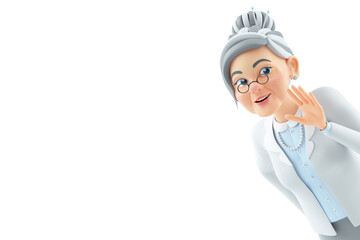 3d portrait cartoon granny saying hello