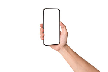 Hand showing smartphone with blank screen isolated on white background.